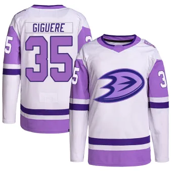 Men's Jean-Sebastien Giguere Anaheim Ducks Hockey Fights Cancer Primegreen Jersey - White/Purple Authentic